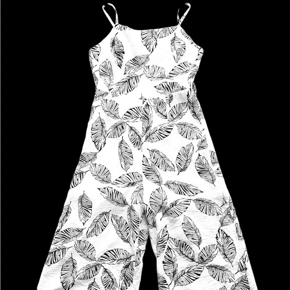 Jumpsuit Tropical Black White Strappy Wide Leg Linen Look Casual Summer Sz M/L - Picture 1 of 9